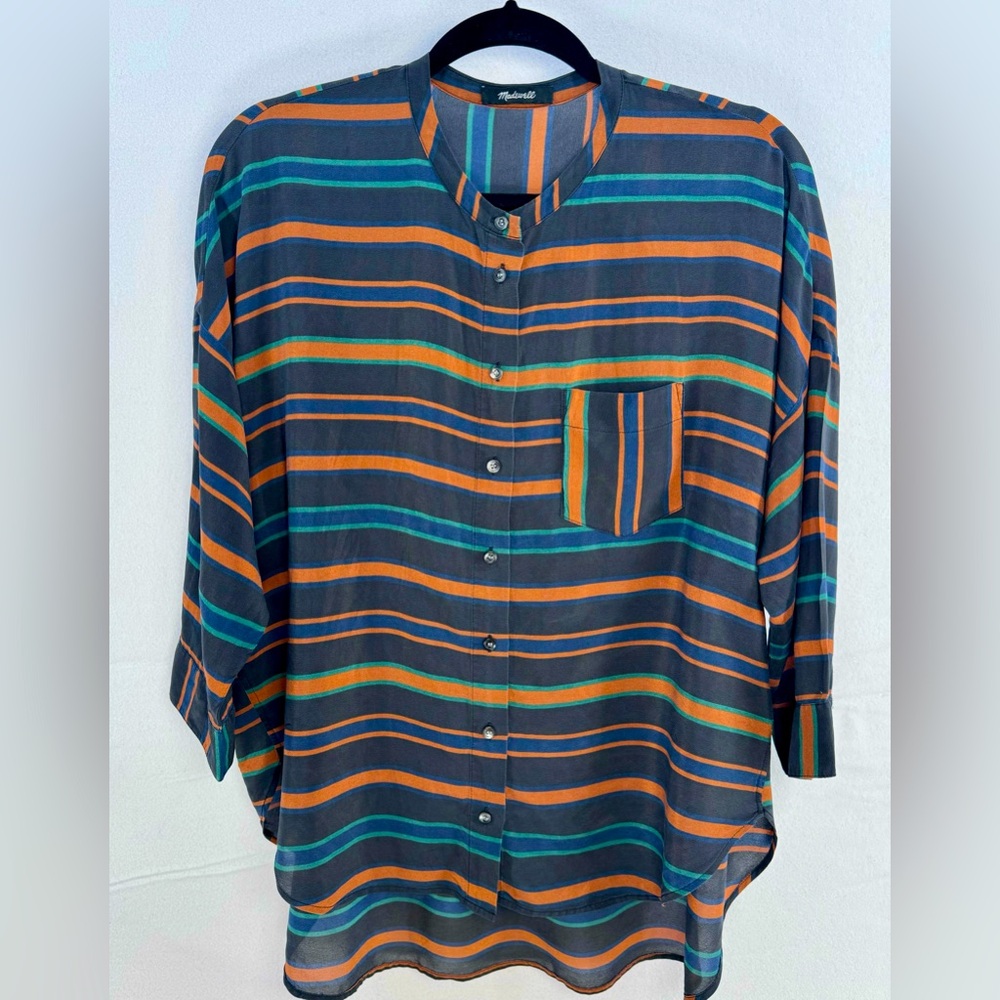Women's Madewell 100% Silk Clermont Oversized Stripe Shirt Rust Black Green Sz S
